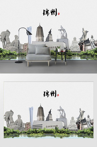 现代简约素描油画锦州市城市剪影背景墙图片