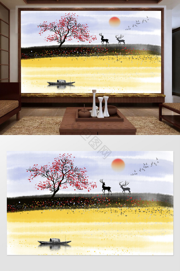 新中式手绘写意山水画背景墙图片