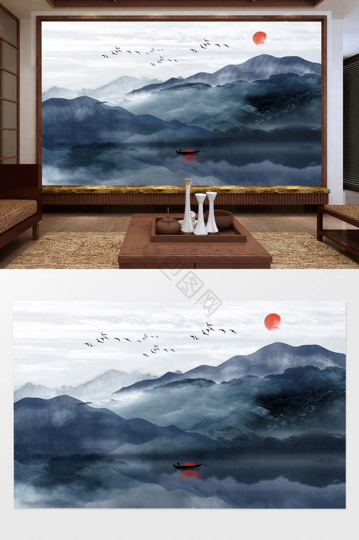 新中式蓝色水墨山水倒影云雾背景墙图片