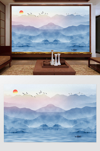 中国风水墨意境山水风景飞鸟电视背景墙图片