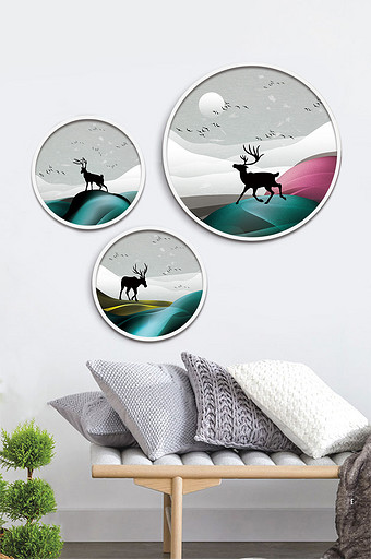 现代简约梦幻北欧风质感麋鹿山水装饰画图片