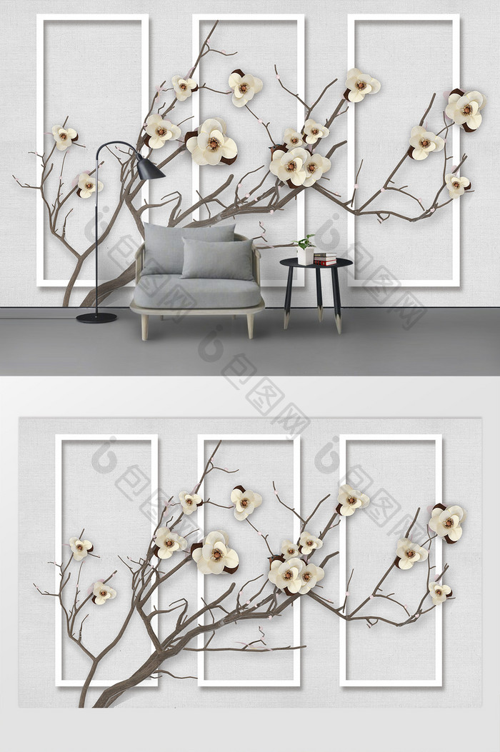 现代简约画框树枝花朵浮雕背景墙