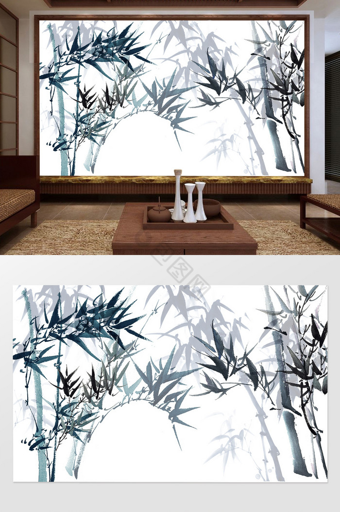 新中式蓝色水墨竹林电视背景墙图片