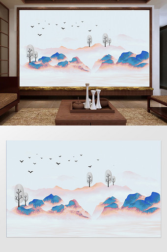 新中式意境水墨山水抽象电视背景墙图片