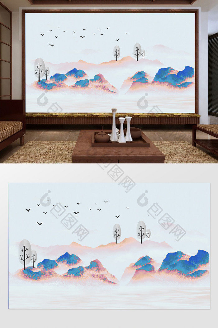 新中式意境水墨山水抽象电视背景墙