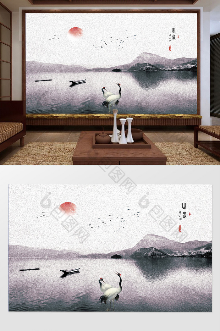 中式意境白鹭山水抽象油画电视背景墙定制