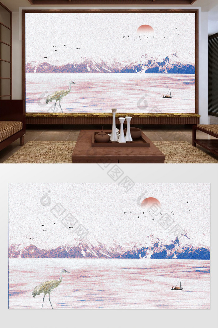 国画山水现代简约山水鸟背景墙壁画图片