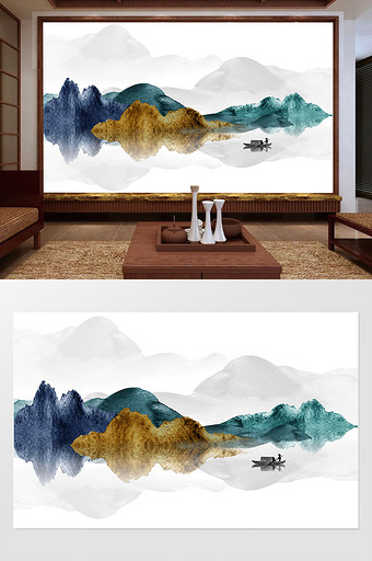新中式水墨国画抽象山水背景墙九州风情图片