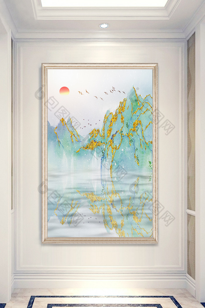 新中式金色抽象山水意境风景玄关装饰画