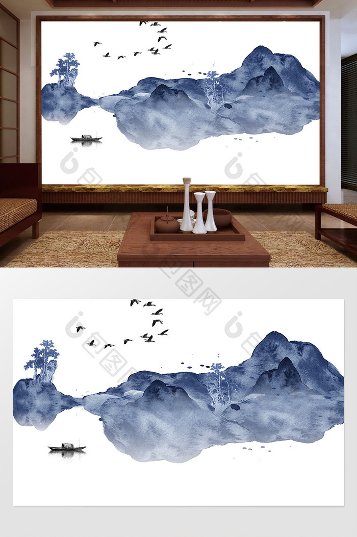 新中式水墨国画抽象山水背景墙山河风云