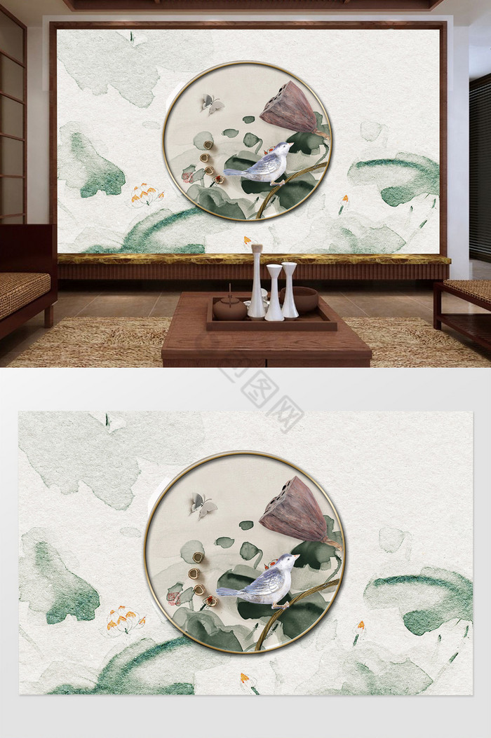 新中式水墨荷叶3d莲蓬小鸟背景墙图片
