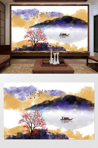 新中式彩色水墨山水画背景墙壁画图片