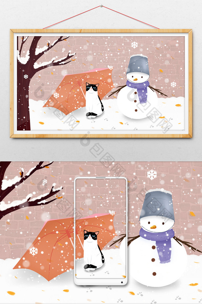 节气大雪冬季雪人与猫插画