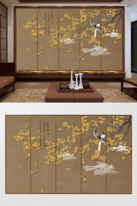 新中式创意银杏花鸟手绘电视背景墙