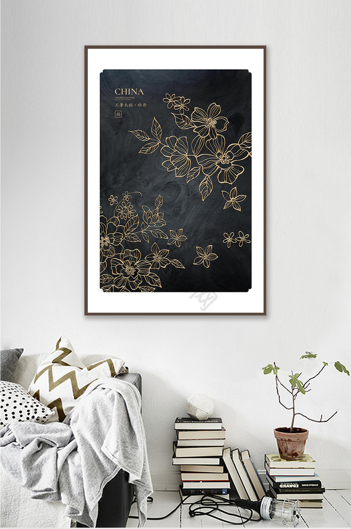 中式工笔木刻花卉沥粉牡丹花地产酒店装饰画