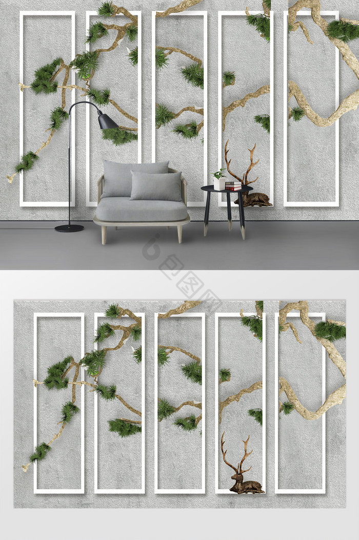 现代艺术造型古松树枝画框浮雕背景墙图片