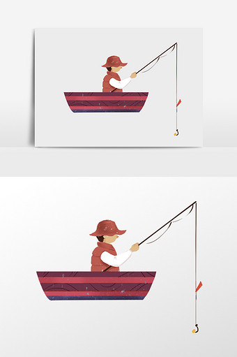 手绘坐船钓鱼的人插画元素图片