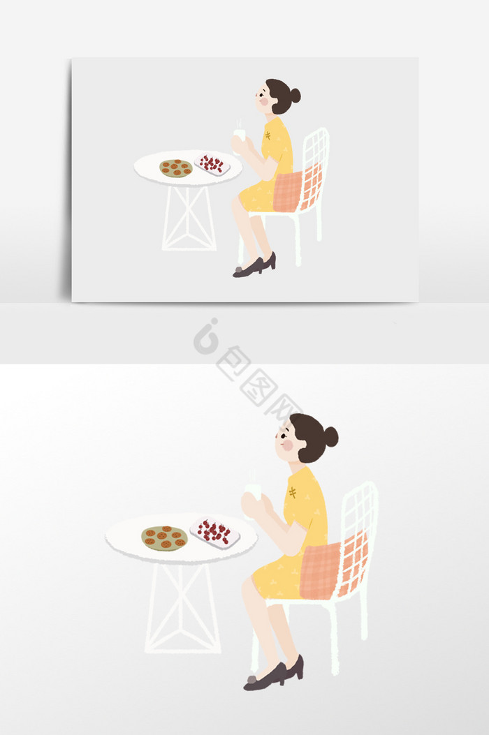 喝下午茶的女孩插画图片