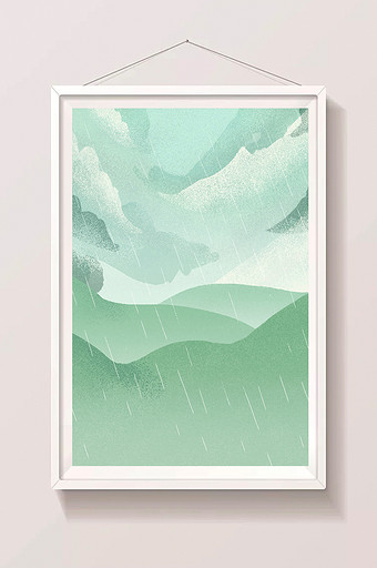 手绘下雨的山丘插画背景图片
