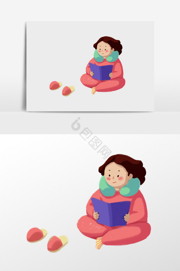 盘腿看书的女孩插画图片