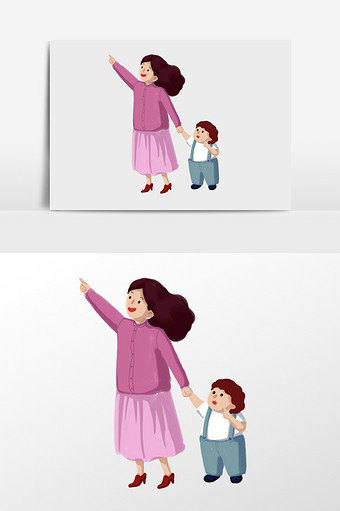 手绘母亲拉孩子手观景的插画元素图片