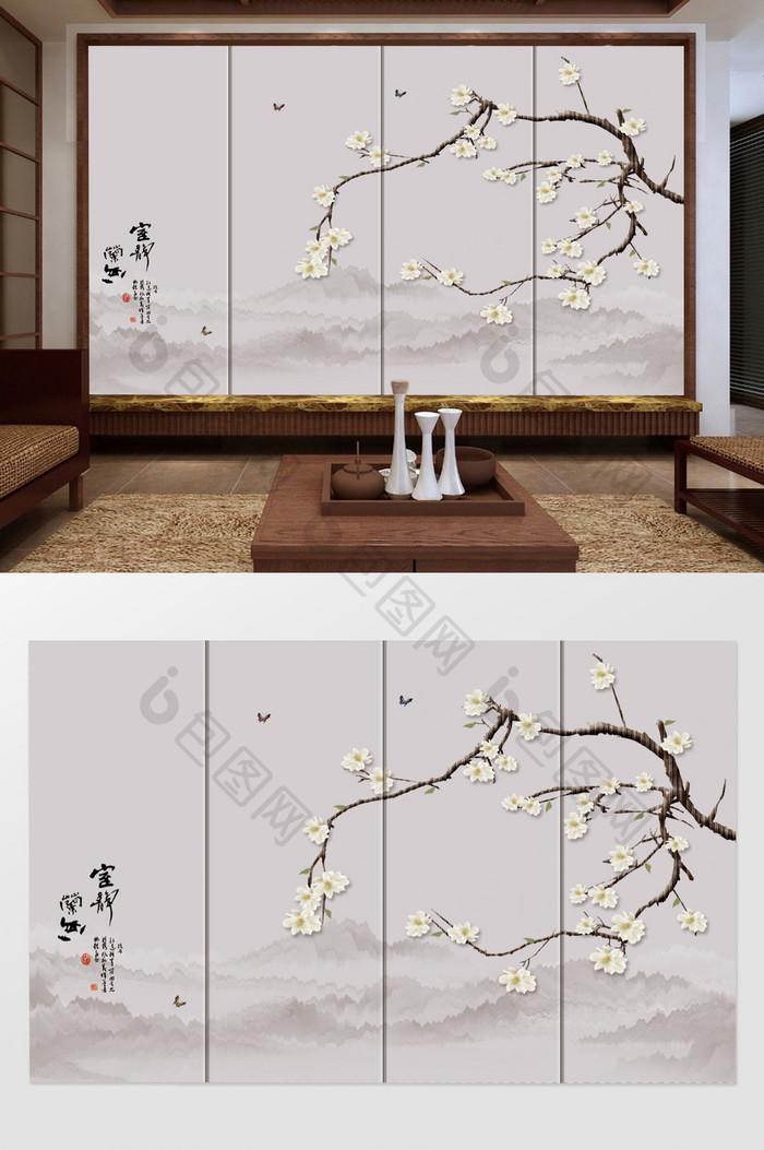 手绘玉兰新中式工笔花鸟背景墙装饰画