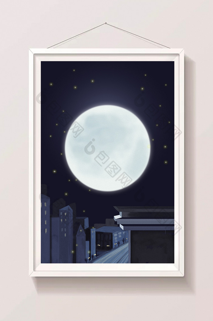 夜晚的月亮和屋顶插画背景