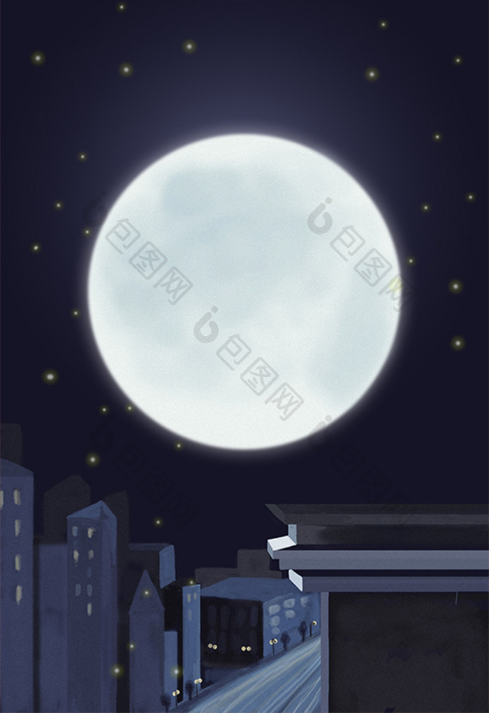 夜晚的月亮和屋顶插画背景