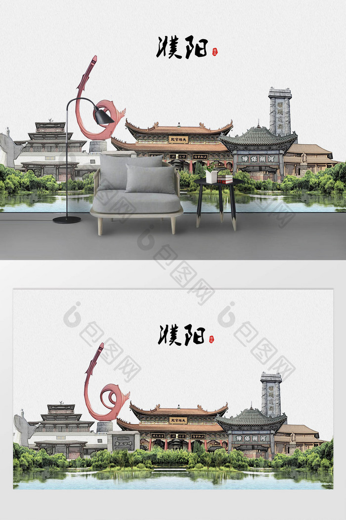 现代简约素描油画濮阳市城市剪影背景墙