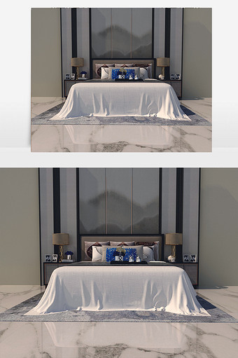 白色双人床和实木床头柜图片