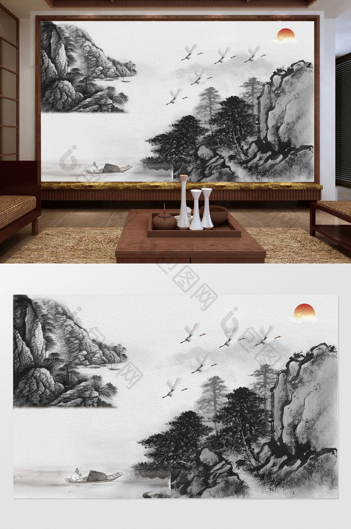 新中式水墨山水风景画背景墙