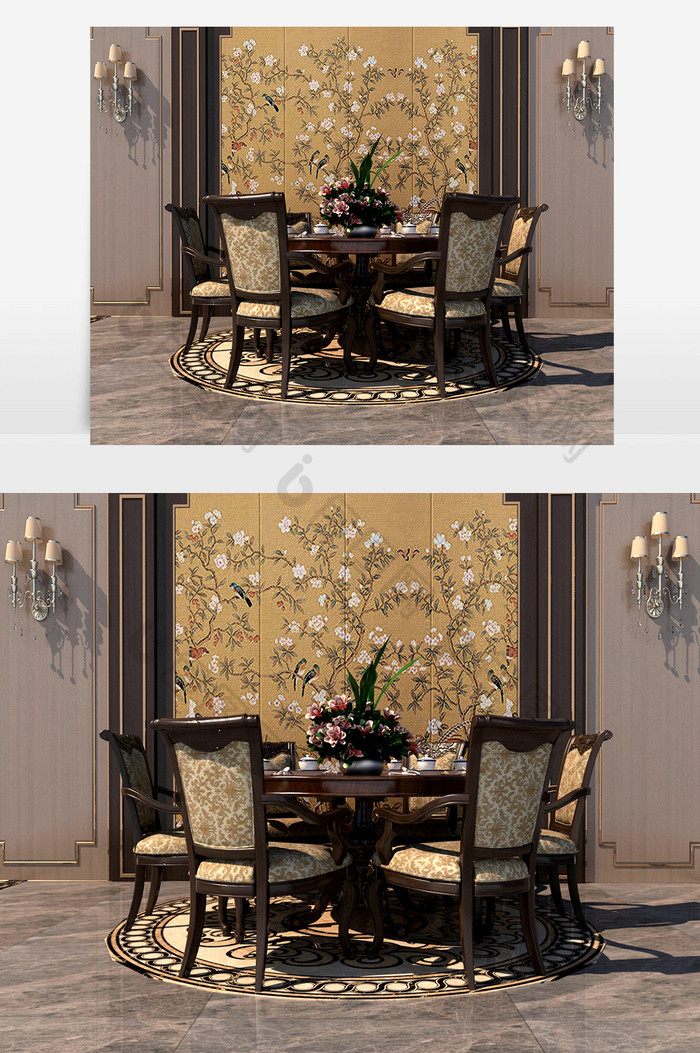 实木深褐花纹色餐桌椅和餐具