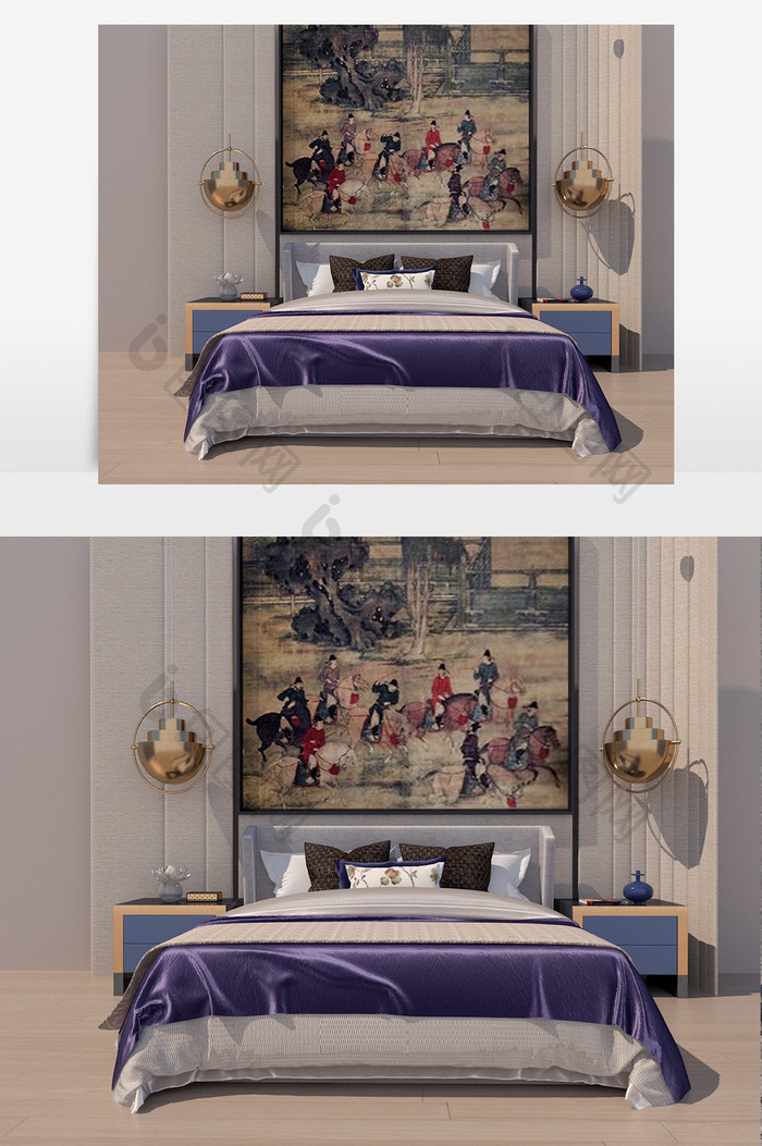 灰色双人大床和蓝紫色床头柜