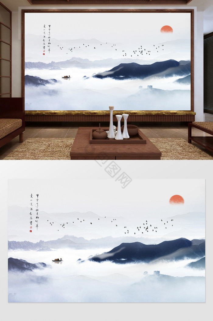 新中式云雾山峦飞鸟小船定制背景墙图片