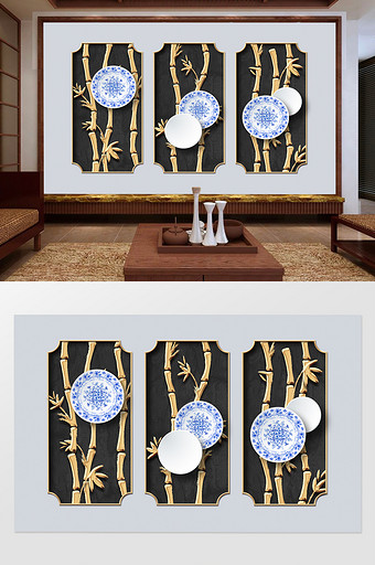 新中式传统金属立体浮雕竹子铁艺装饰背景墙图片