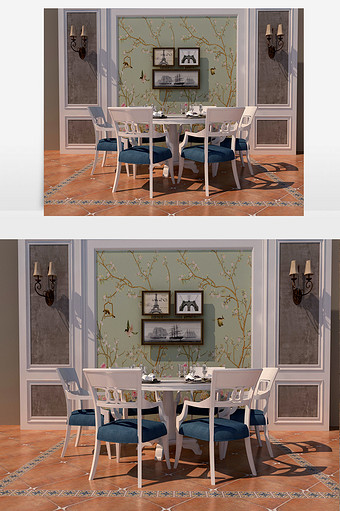 白色餐桌和白腿蓝面餐椅图片