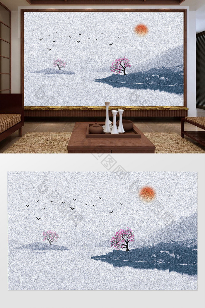 中式抽象创意油画山水风景背景墙