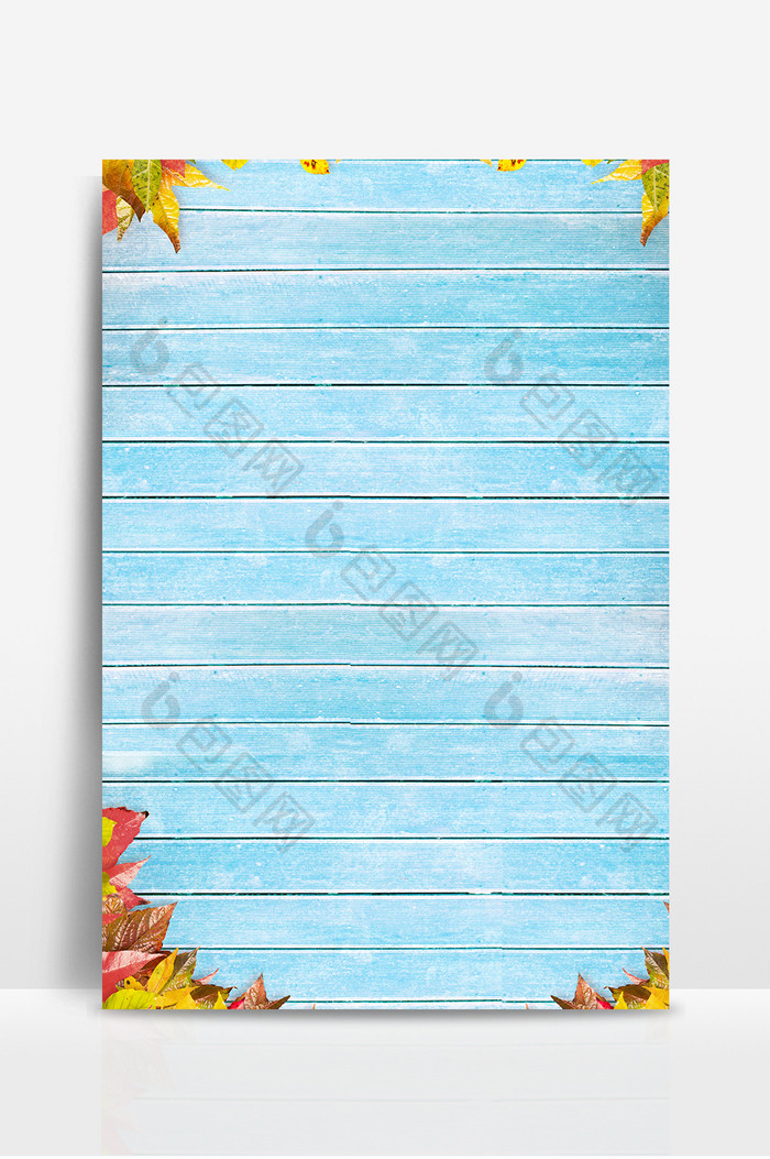 秋天枫叶蓝色木板看板背景