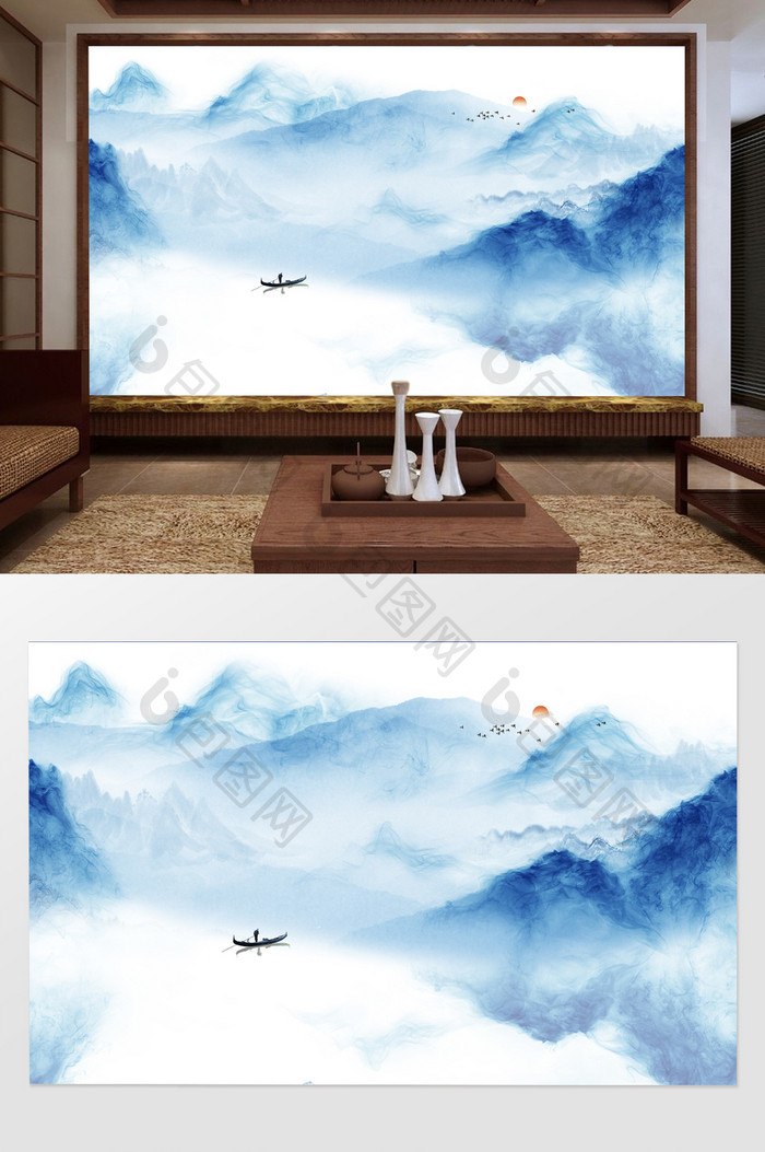 蓝色新中式梦幻意境水墨山水背景墙装饰