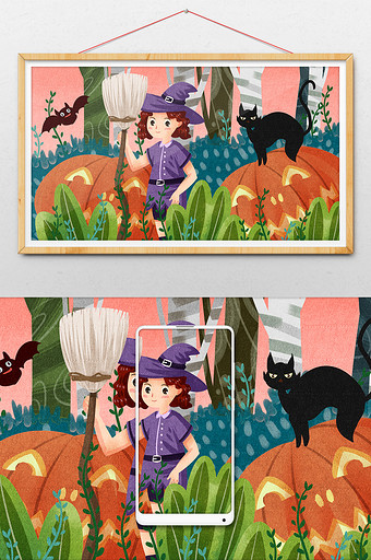 可爱万圣节女巫与南瓜人黑猫蝙蝠在森林插画图片
