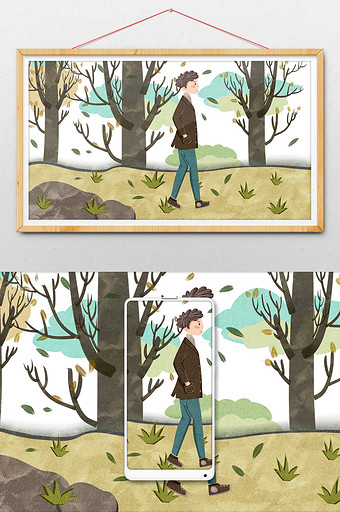 黄褐色十月秋天落叶男性在户外散步插画图片