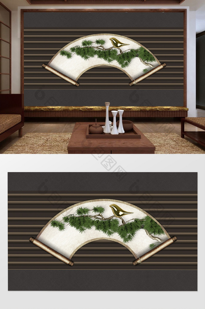 新中式古典3d金属扇子松枝金鸟浮雕背景墙
