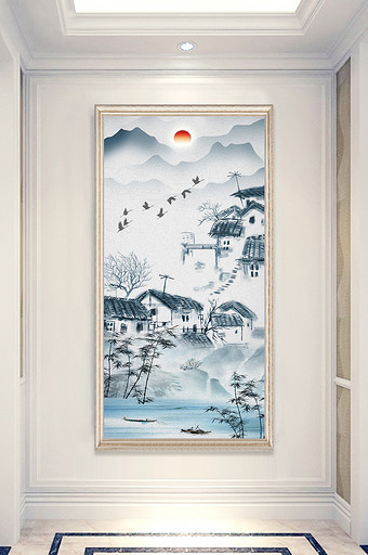 中式油画水墨江南意境山水飞鹤玄装饰画图片