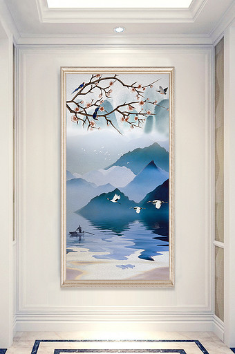 中式水墨花鸟山水意境白鹤渔船玄关装饰画图片
