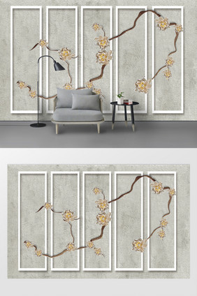 现代简约画框造型树枝花朵浮雕背景墙