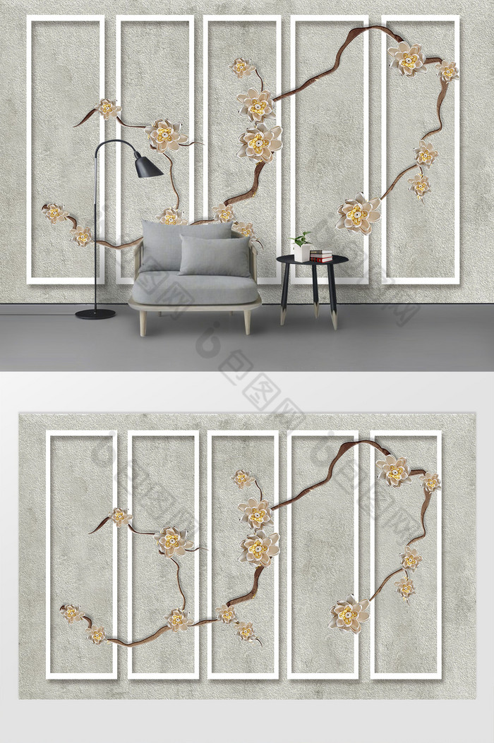 花朵浮雕背景墙树枝造型图片