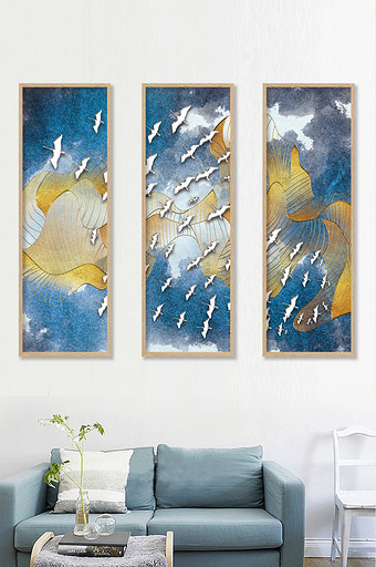 新中式抽象线条蓝金意境山水飞鸟装饰画图片