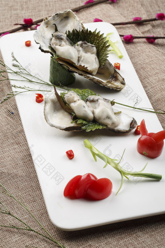 长方形白瓷盘装的海鲜捞汁生蚝