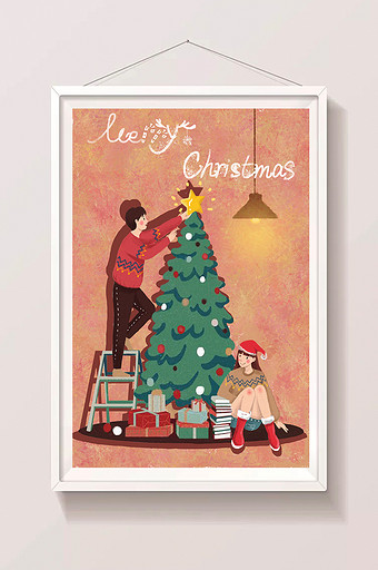 圣诞节圣诞树小女孩礼物唯美手绘插画图片