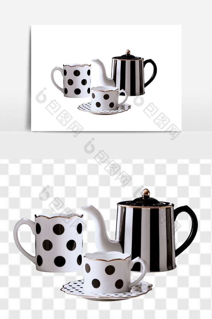 黑白条纹波点茶具组合免扣元素